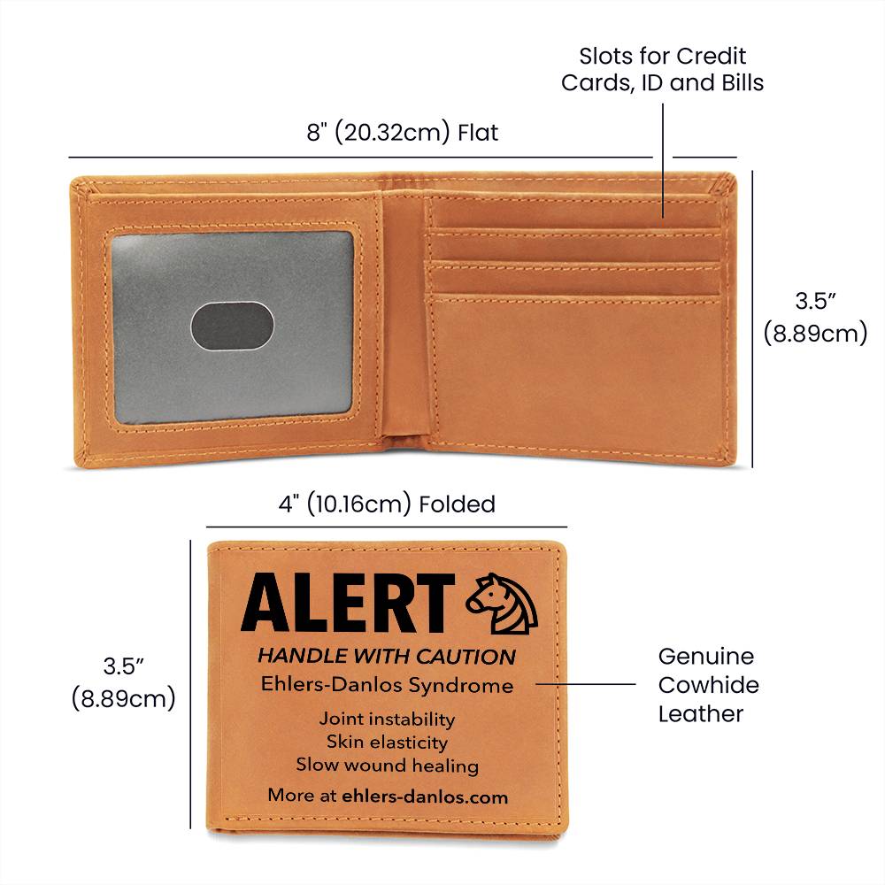 EDS Medical Alert Leather Wallet - Ehlers-Danlos Emergency Alert with Zebra - Awareness for Hypermobility