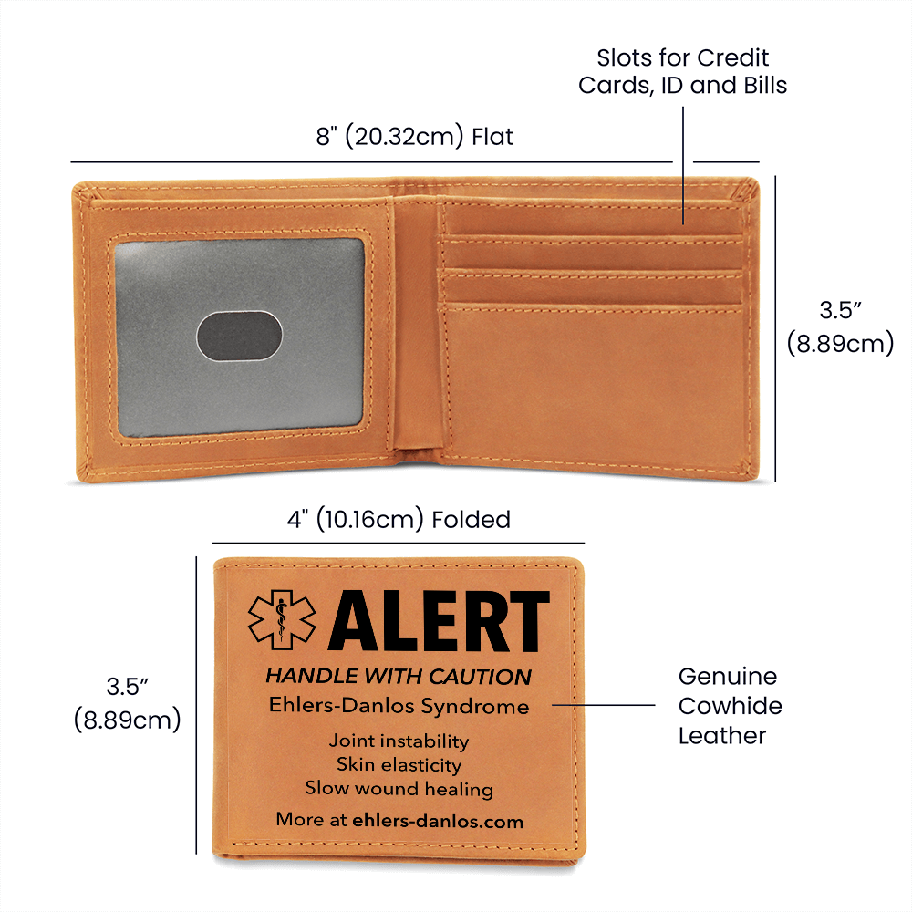 EDS Medical Alert Leather Wallet - Ehlers-Danlos Emergency Alert with Star of Life - Awareness for Hypermobility